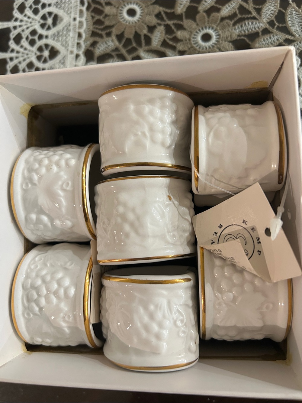 White Porcelain Napkin Rings with Gold Trim - Set of 8